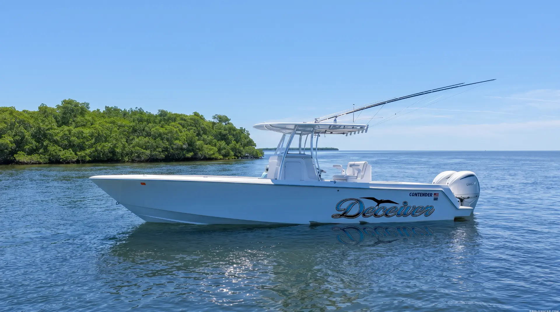 Deceiver script hull graphic on a Florida center console