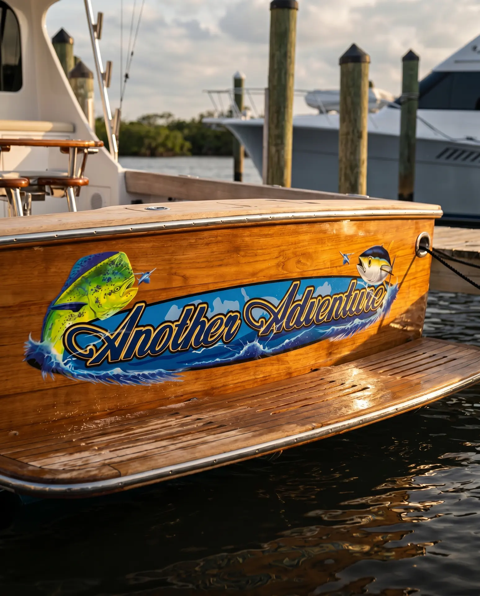 Another Adventure transom graphic with mahi-mahi illustration