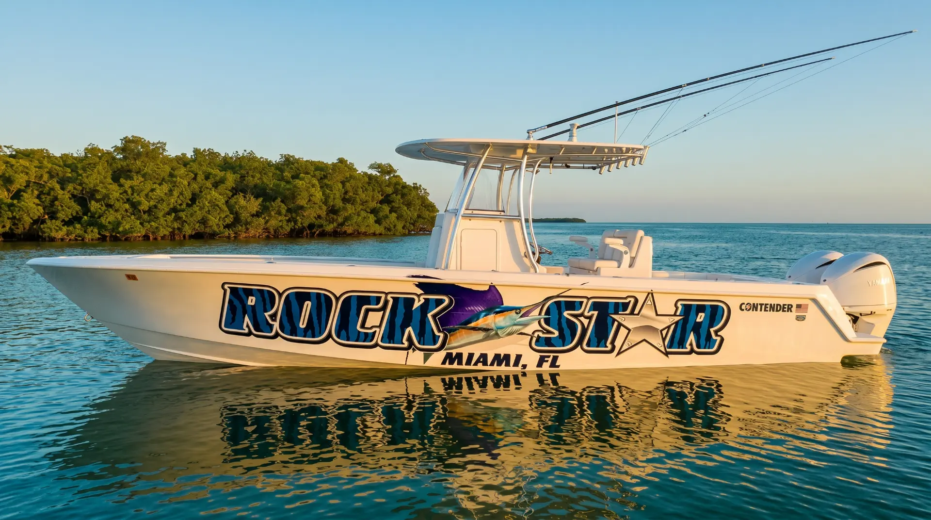 Rock Star hull lettering on a Miami center console